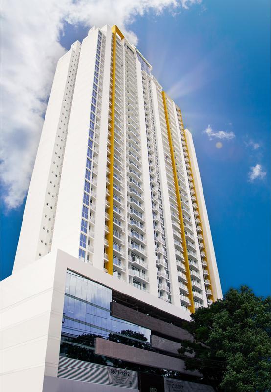 Modern high-rise condo with private balconies, glass facade in PH Carrasquilla Panama City