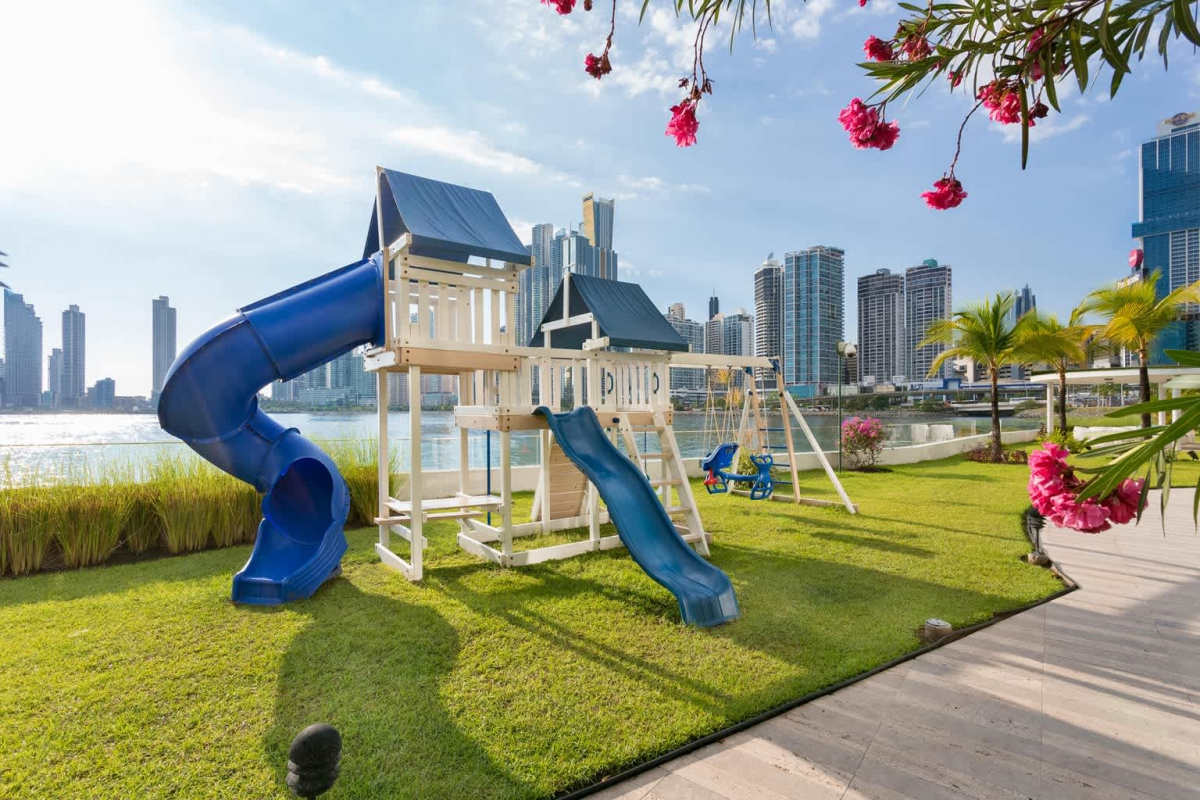 Luxury master bathroom with marble floors, dual sinks, glass-enclosed shower in PH The Point Panama