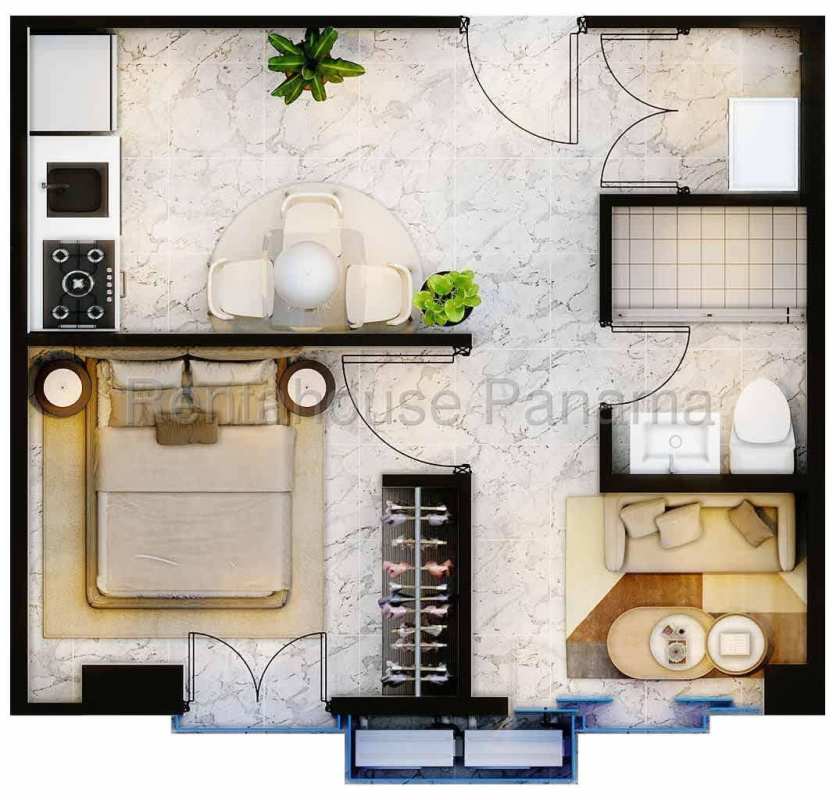 Modern studio apartment with balcony and city skyline view at The Walker Wellness Center Marbella