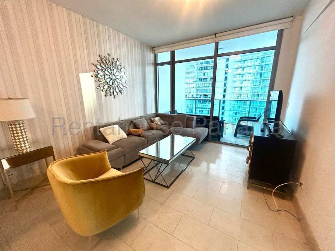 Open concept marble floor kitchen with stainless appliances PH Grand Tower Punta Pacífica Panama