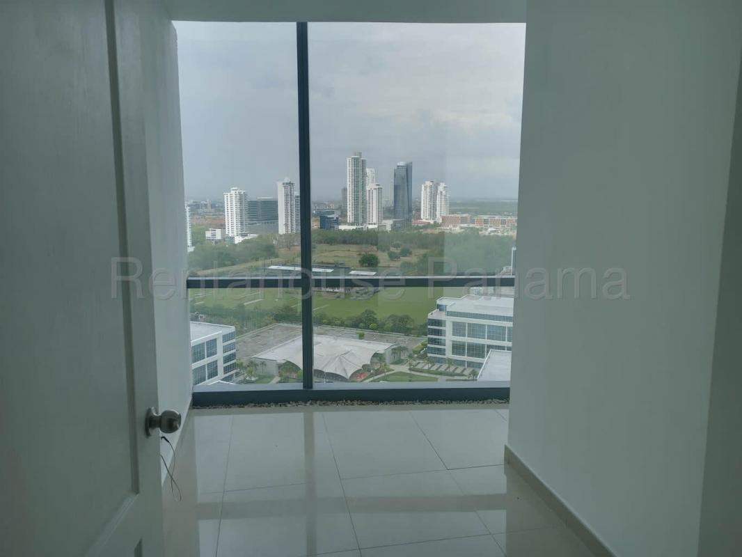 Private enclosed workspace with large windows and city views at Financial Park Panama