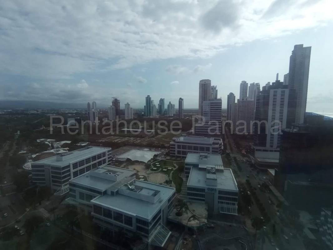 Reception lobby and glass-walled meeting space in PH Financial Park Costa del Este Panama