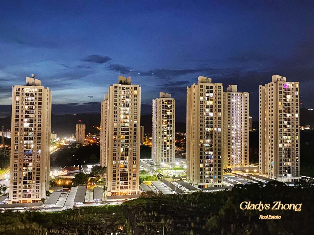 Illuminated towers at night in modern complex PH Rokas Panama