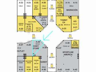 Detailed floor plan layout with color-coded sections for stores at Chiriquí Mall David