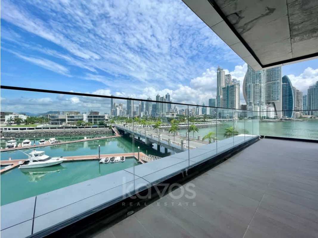Covered oceanfront balcony with sweeping marina views at Panama luxury condo tower on Ocean Reef Island