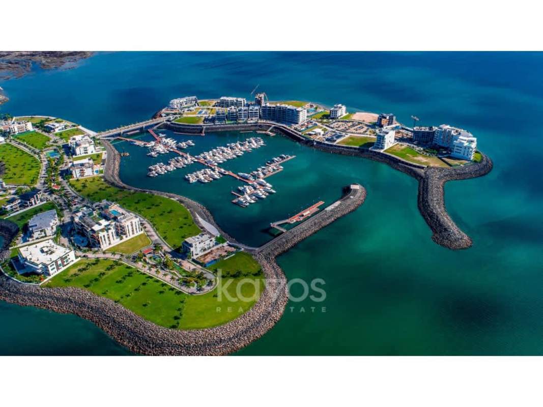 Sunset skyline view Costa del Este from Ocean Reef Islands Punta Pacífica waterside