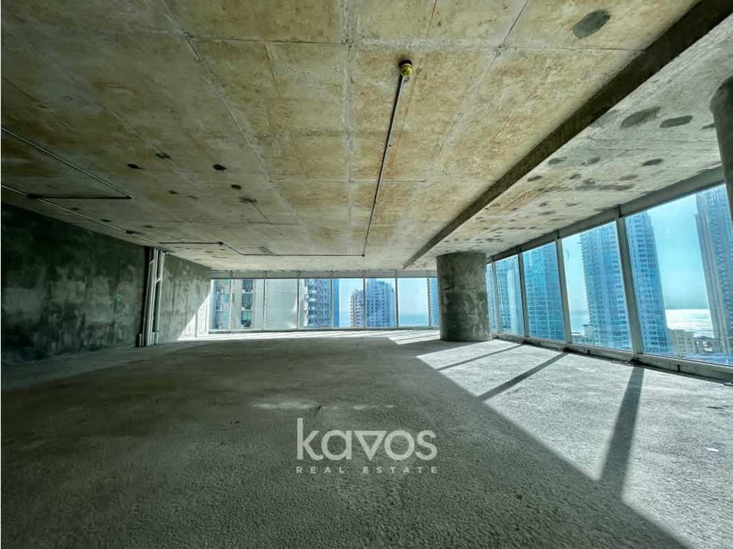 Skyline views from panoramic window unfinished office at Oceania Business Plaza Panama