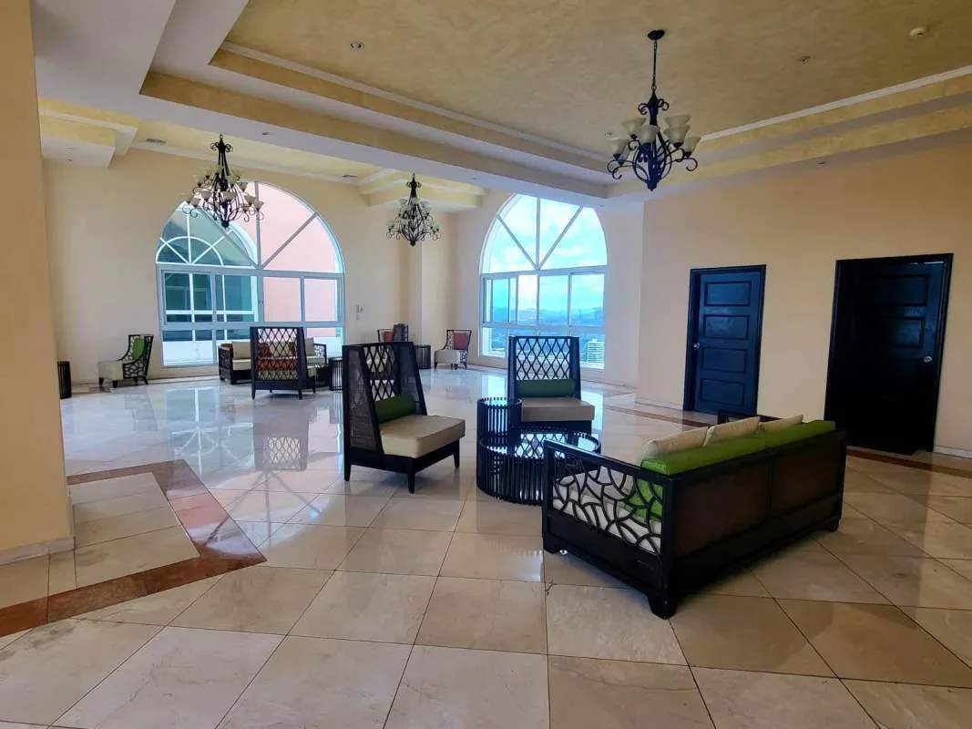 Panoramic balcony view Pacific Ocean and Panama skyline in PH Vista del Mar Panama