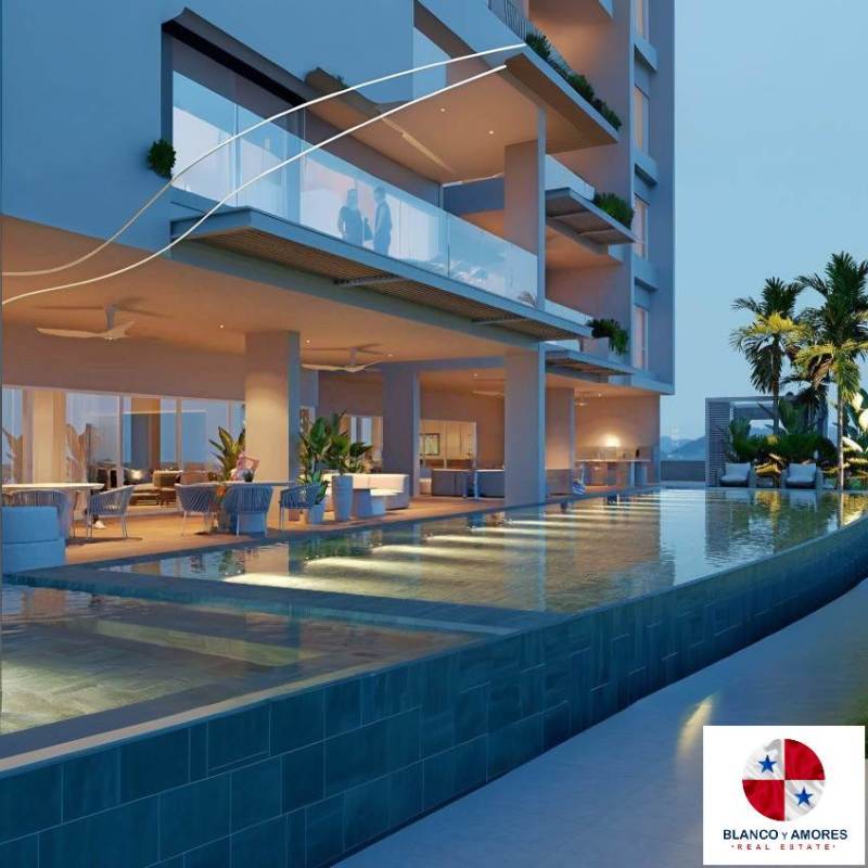 Evening view infinity pool and outdoor lounge at Ocean Reef Panama