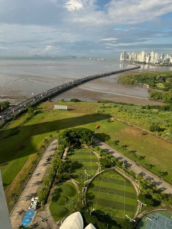 Aerial photo of Costa del Este skyline coastline condos Panama City
