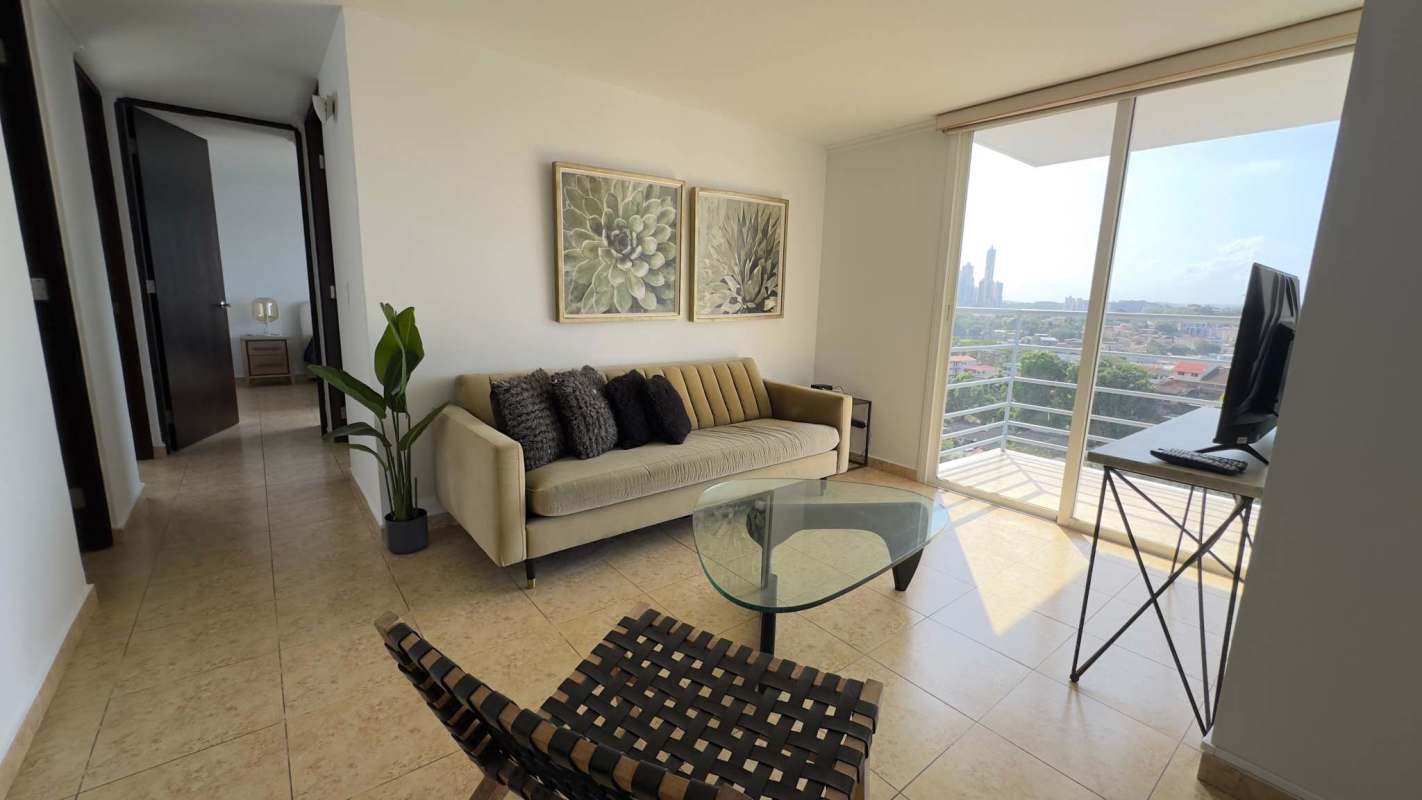 Private balcony overlooking Panama City skyline from Elevation Tower