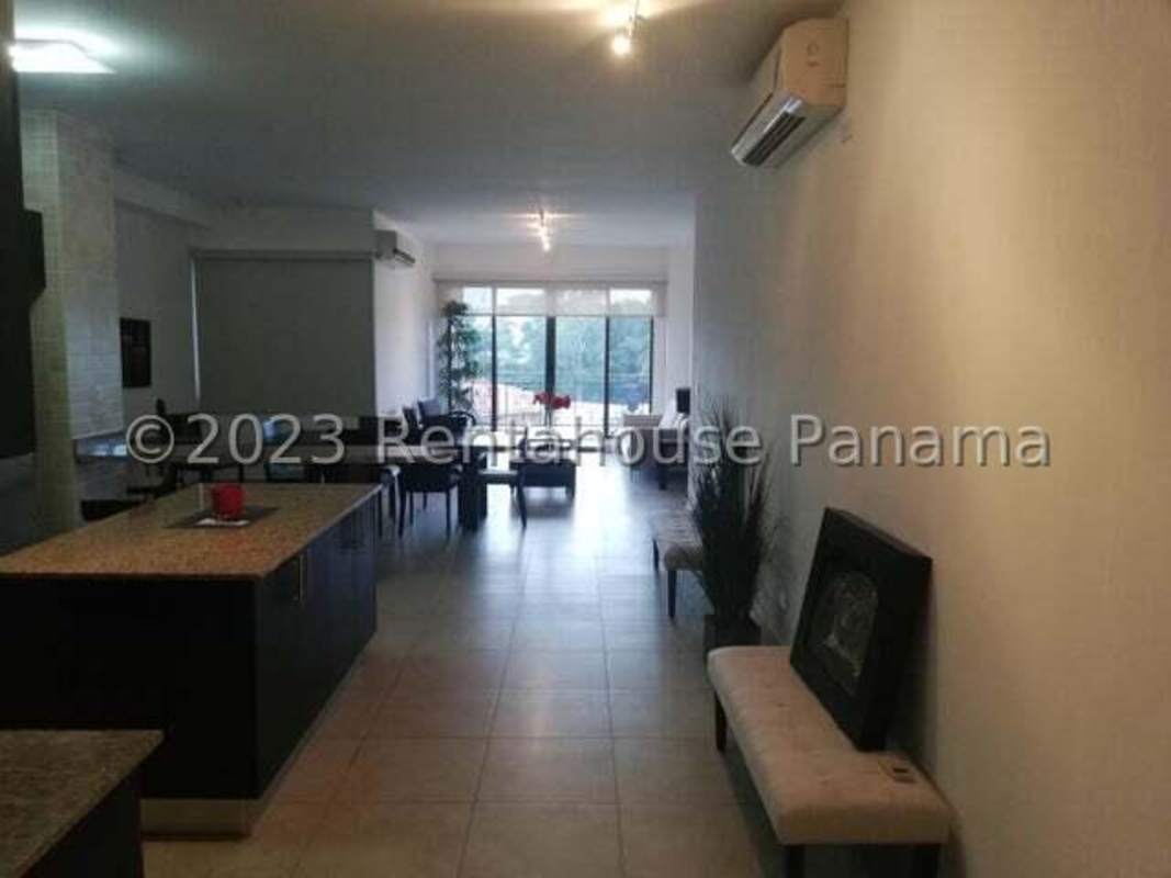 Spacious kitchen with modern cabinets and appliances at PH Amador Marina Panama