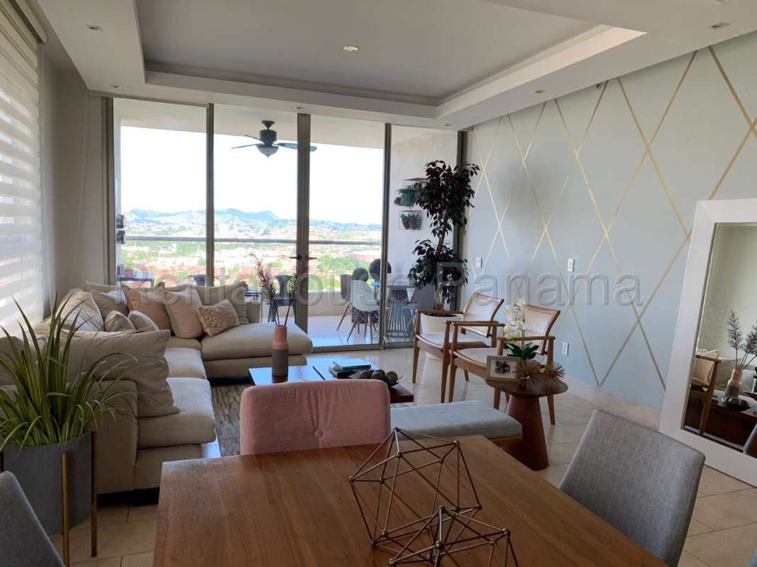 Master bedroom with marble floors, large windows, golf course view in PH GreenView Panama