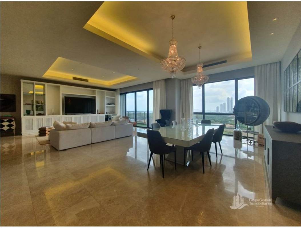 Fully equipped luxury kitchen with marble island, stainless steel appliances at Santa Maria Court Panama City