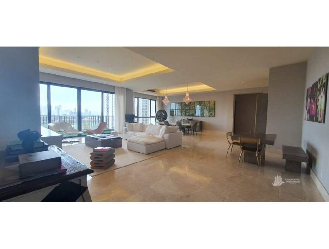 Dining room with natural light, views over city skyline and golf course in Santa Maria Court Panama