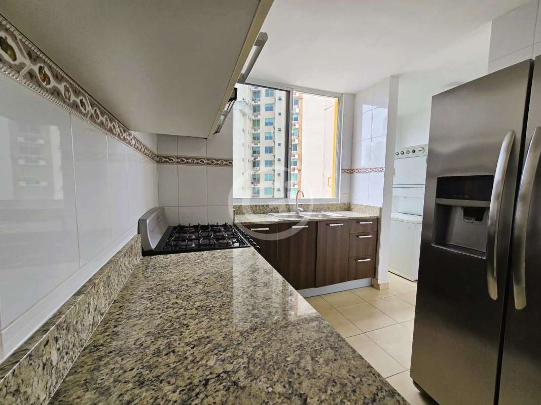 Covered balcony with skyline view in Punta Pacifica apartment Panama City