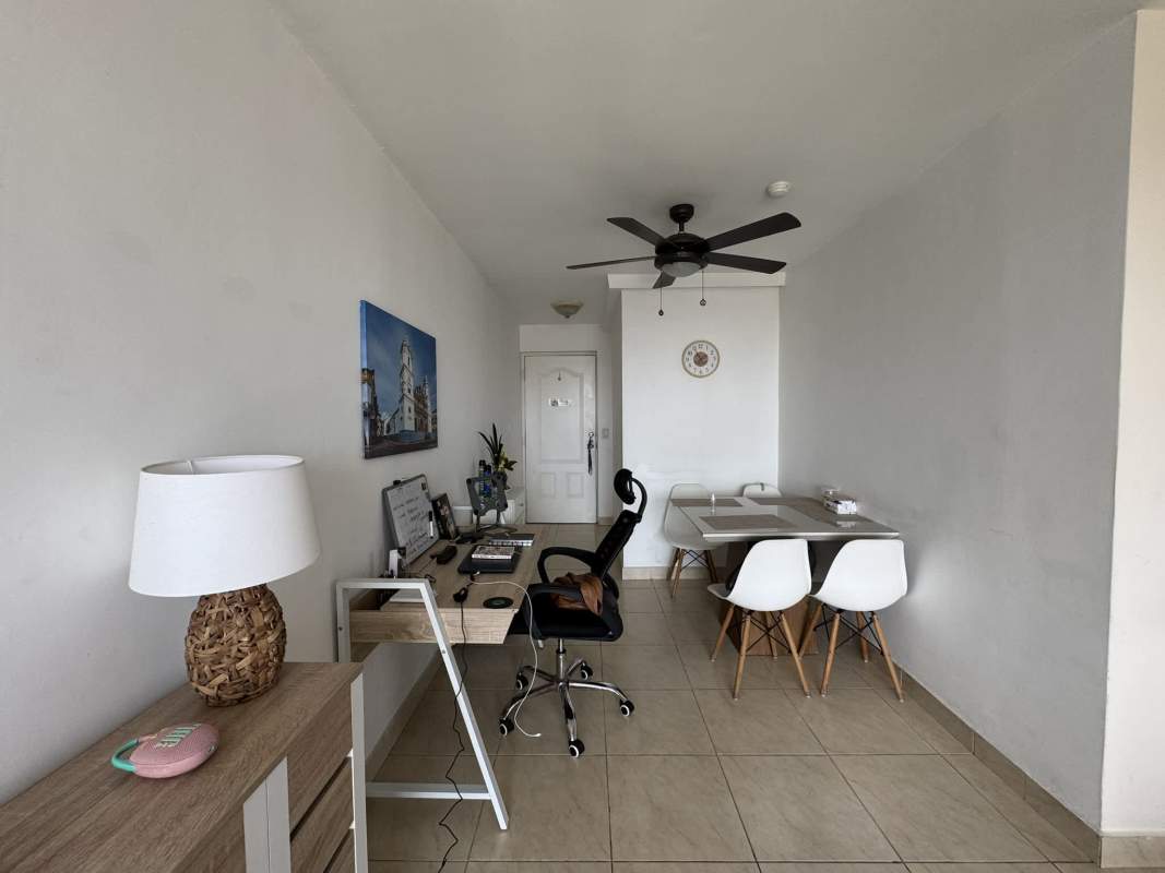 Bedroom with window view, wall mural, tile floors at PH Albrook Point Panama