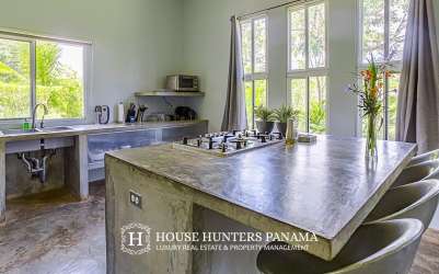 Spacious living area with mountain views, polished concrete floors, minimalist decor Potrerillos Boquete Panama