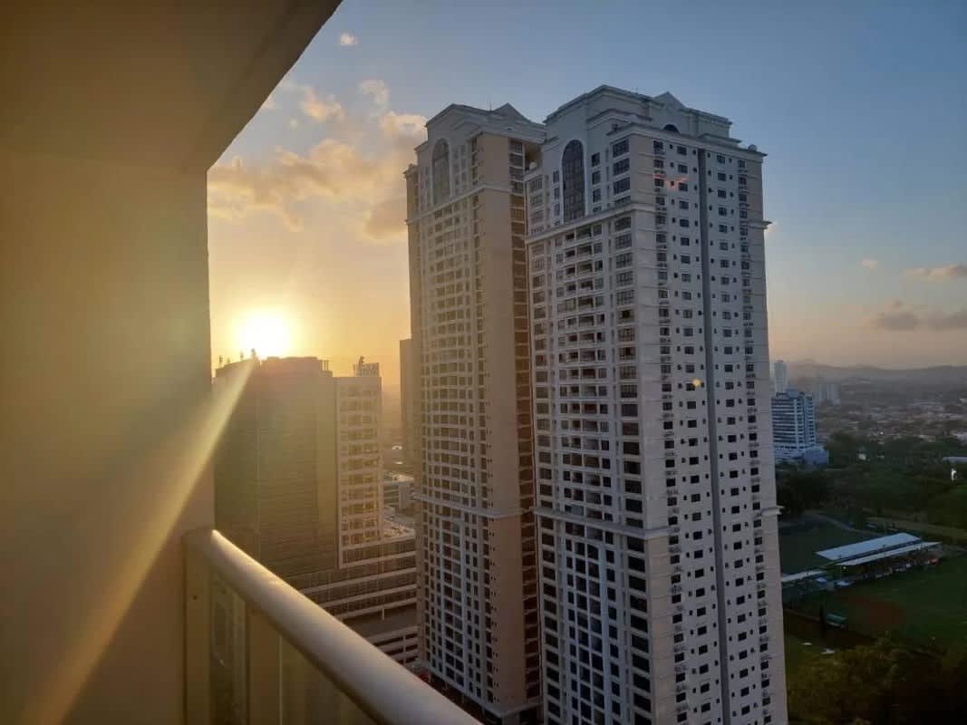 Sunset skyline from balcony at PH Lumiere in Panama City Costa del Este