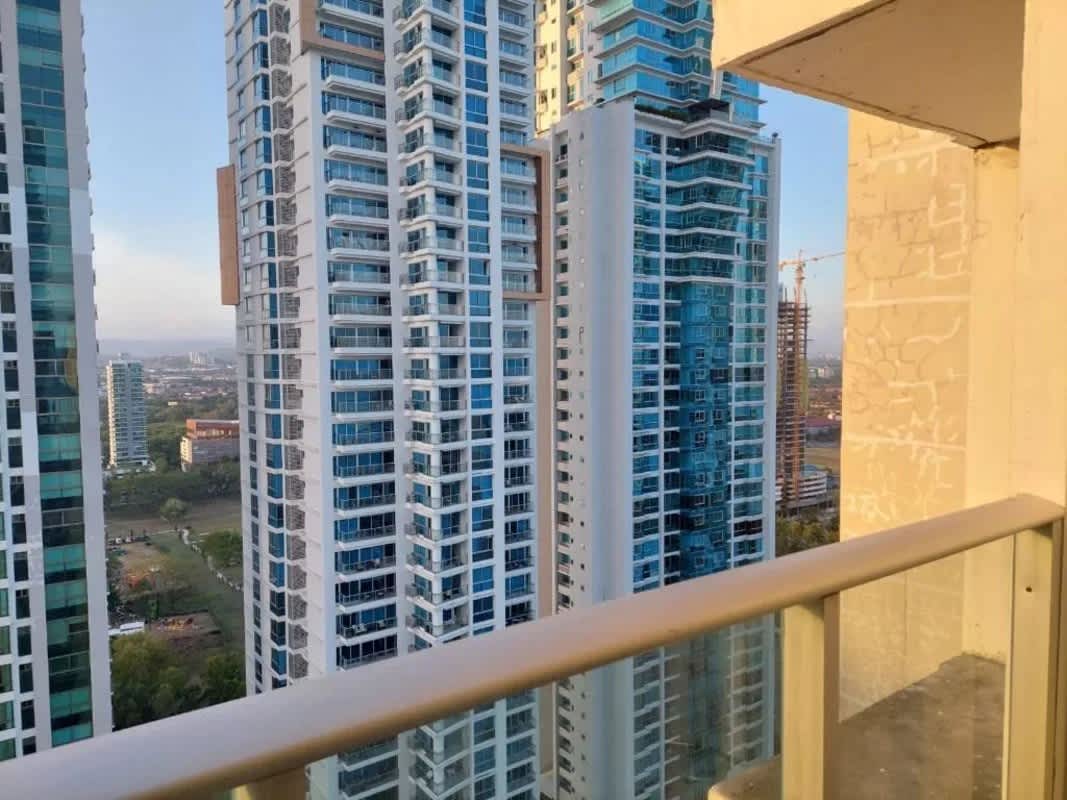 Apartment balcony overlooking Costa del Este skyline in PH Lumiere Tower 200
