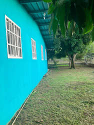 Blue house facade with porch and iron-barred windows in Ocú Panama