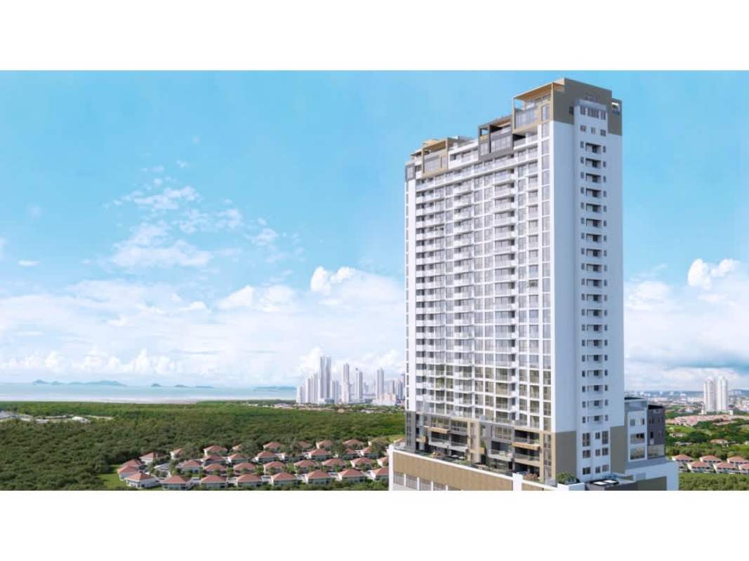 Modern condominium tower with balconies ocean and golf views in Santa Maria Panama