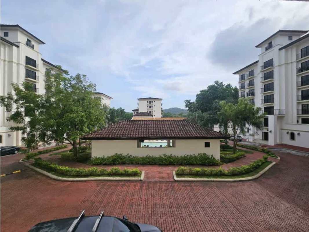 Elegant living and dining area furnished, chandelier, balcony access in Embassy Village Panama City