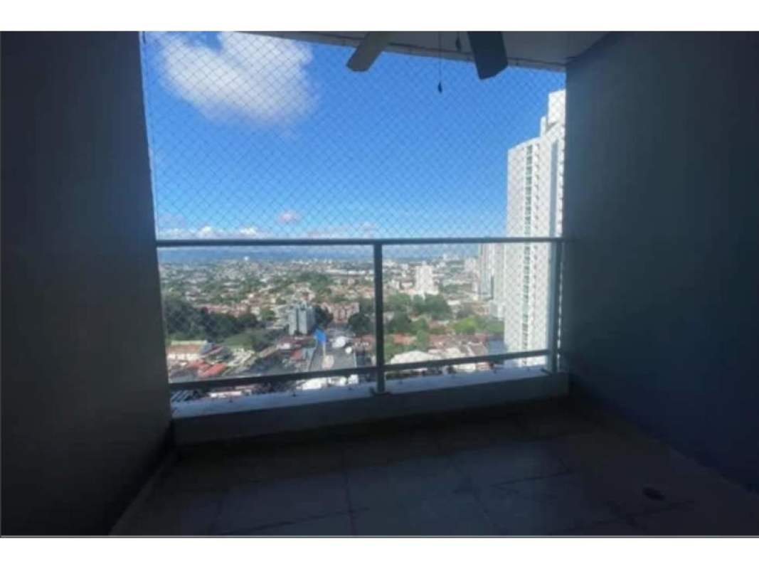 Balcony with mesh enclosure overlooking Panama City's skyline PH Victoria Royale