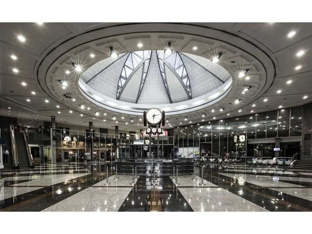 Central lobby hall with dome skylight in Punta Pacífica business tower