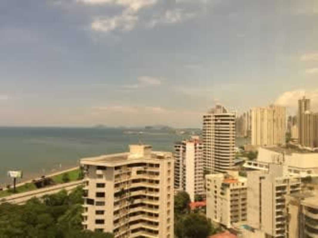 Aerial view of Coco del Mar ocean coastline and skyscrapers surrounding PH Belvedere Panama