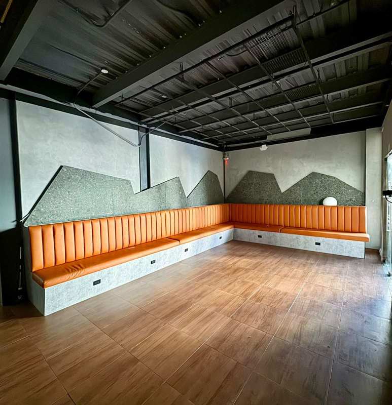 Restaurant outdoor seating patio with glass cover, modern design in San Francisco Panama