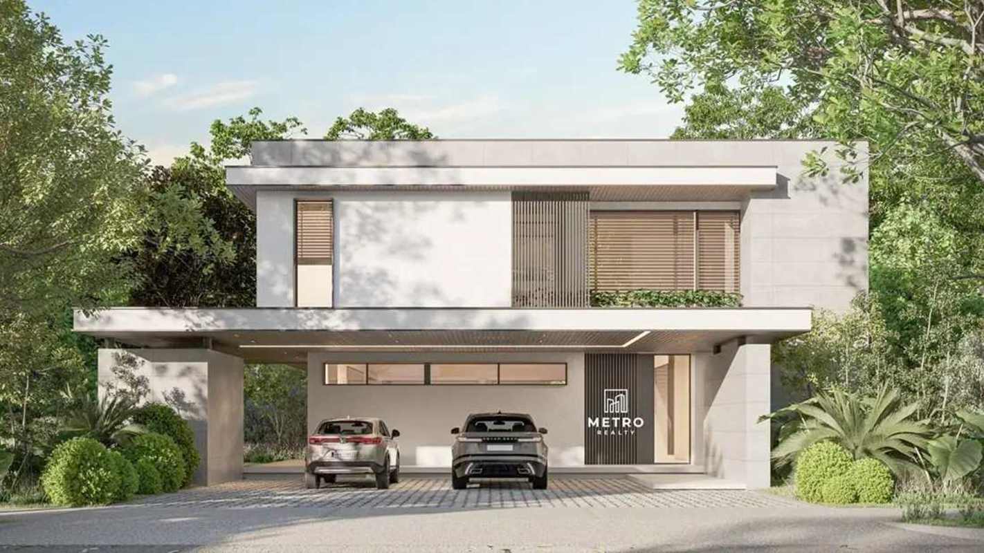 Two-story luxury house exterior with large windows, carport and landscaping in Peninsula Estate Santa Maria Panama