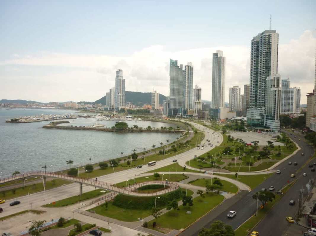 Aerial view of Panama City skyline, marina, and Avenida Balboa waterfront near PH Bayfront