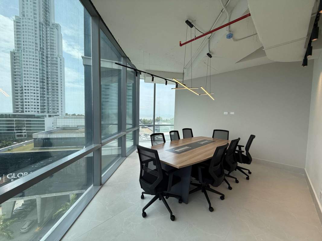Office interior with terrace overlooking skyline panorama in Financial Park Tower Panama City