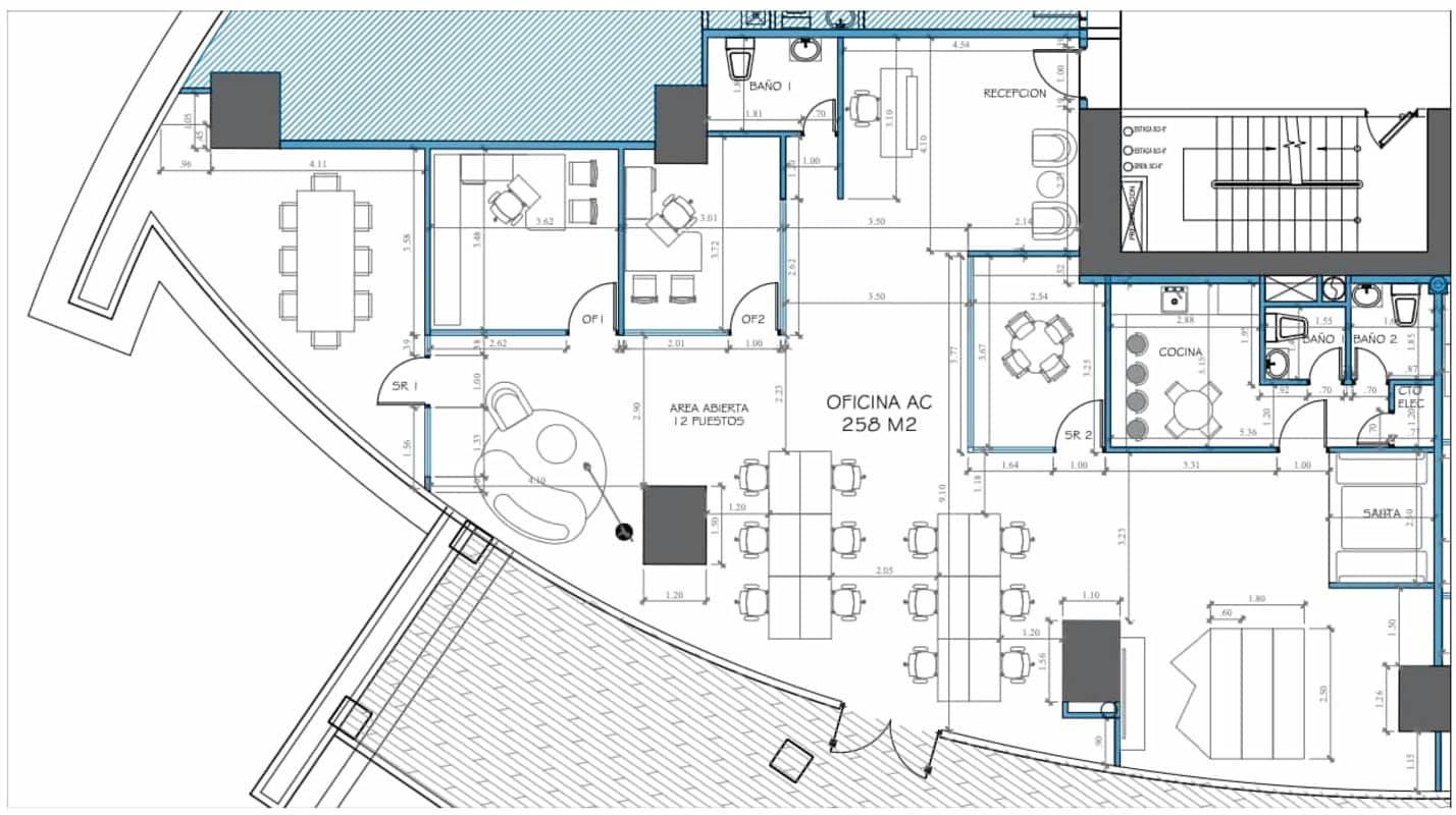 Architectural blueprint floor plan showing 258 sqm office layout in Costa del Este Panama