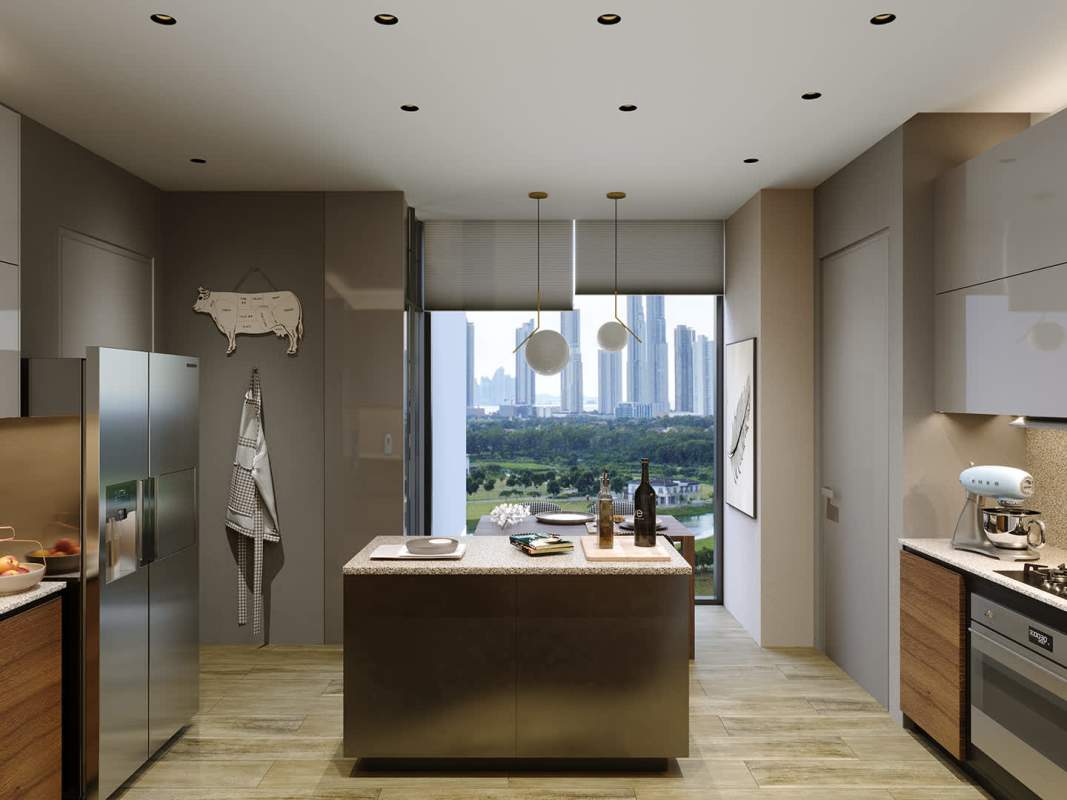 Gourmet kitchen quartz countertops island built-in appliances in luxury condo The Ivy Santa Maria Panama