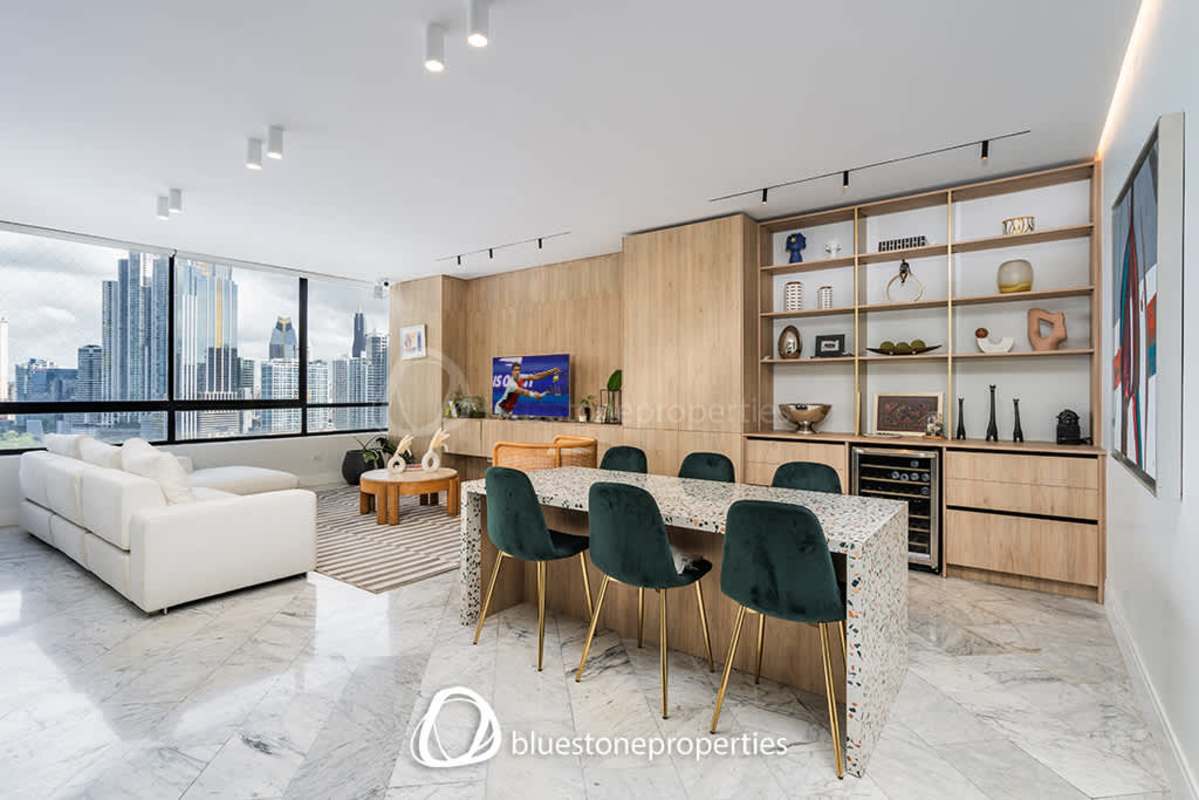 Modern dining room with oceanfront views in luxury PH Pacific Sea Panama