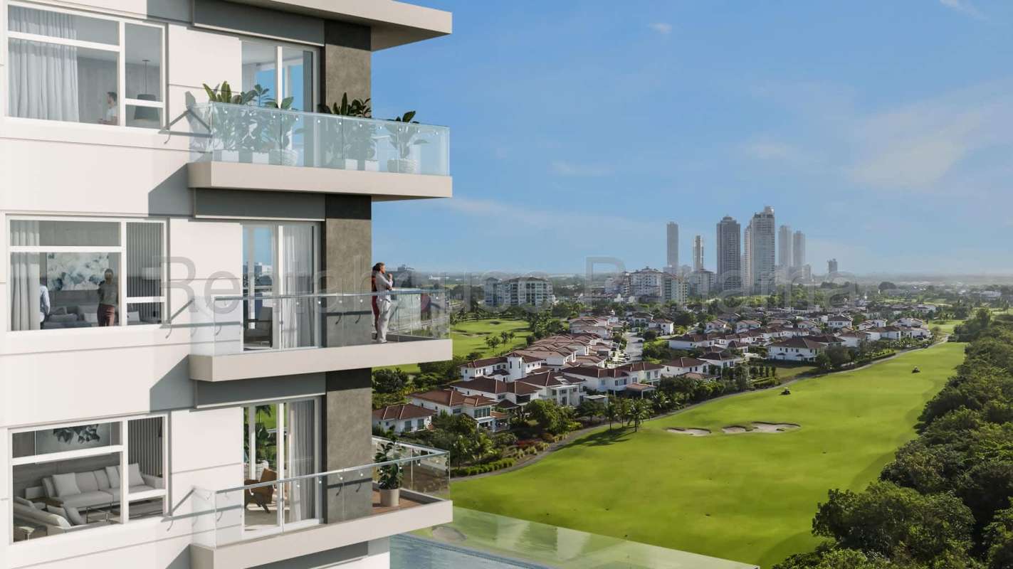 Modern apartment tower with balconies overlooking Santa Maria golf course Panama