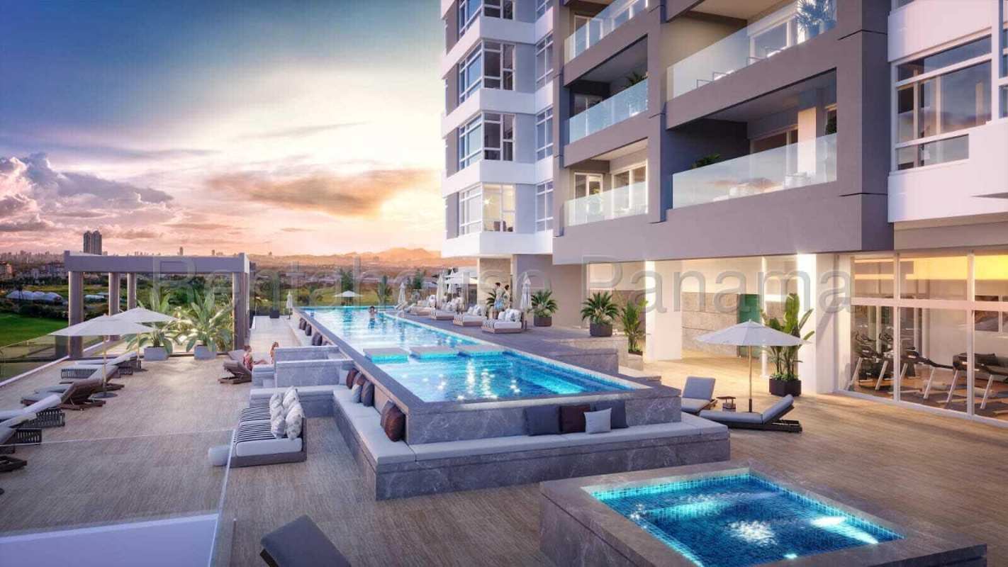 Luxury bathroom with marble finishes, double vanity, and bathtub at PH Guayacán Santa María Panama