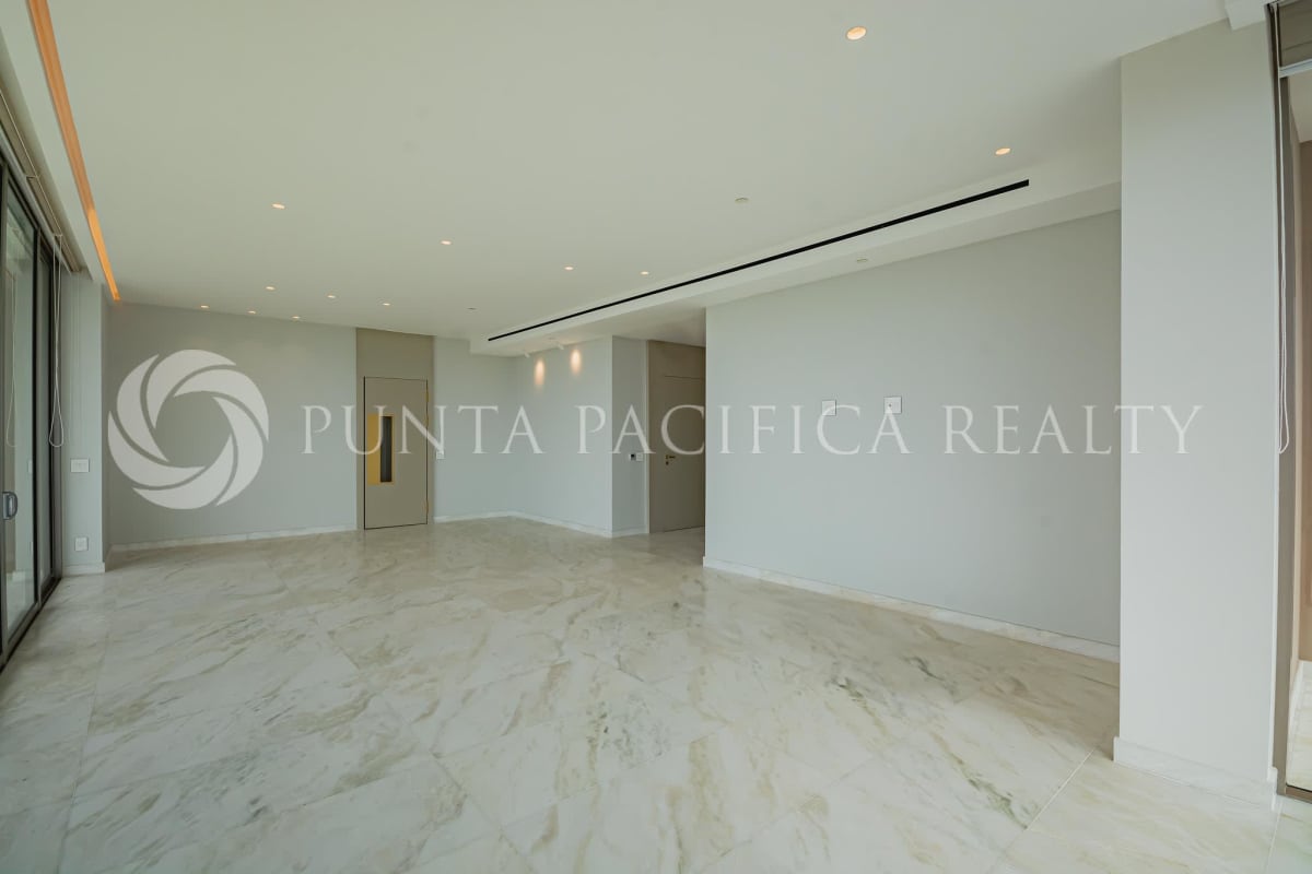 Open living space with marble floors, panoramic windows at La Maison by Fendi Santa María Panama