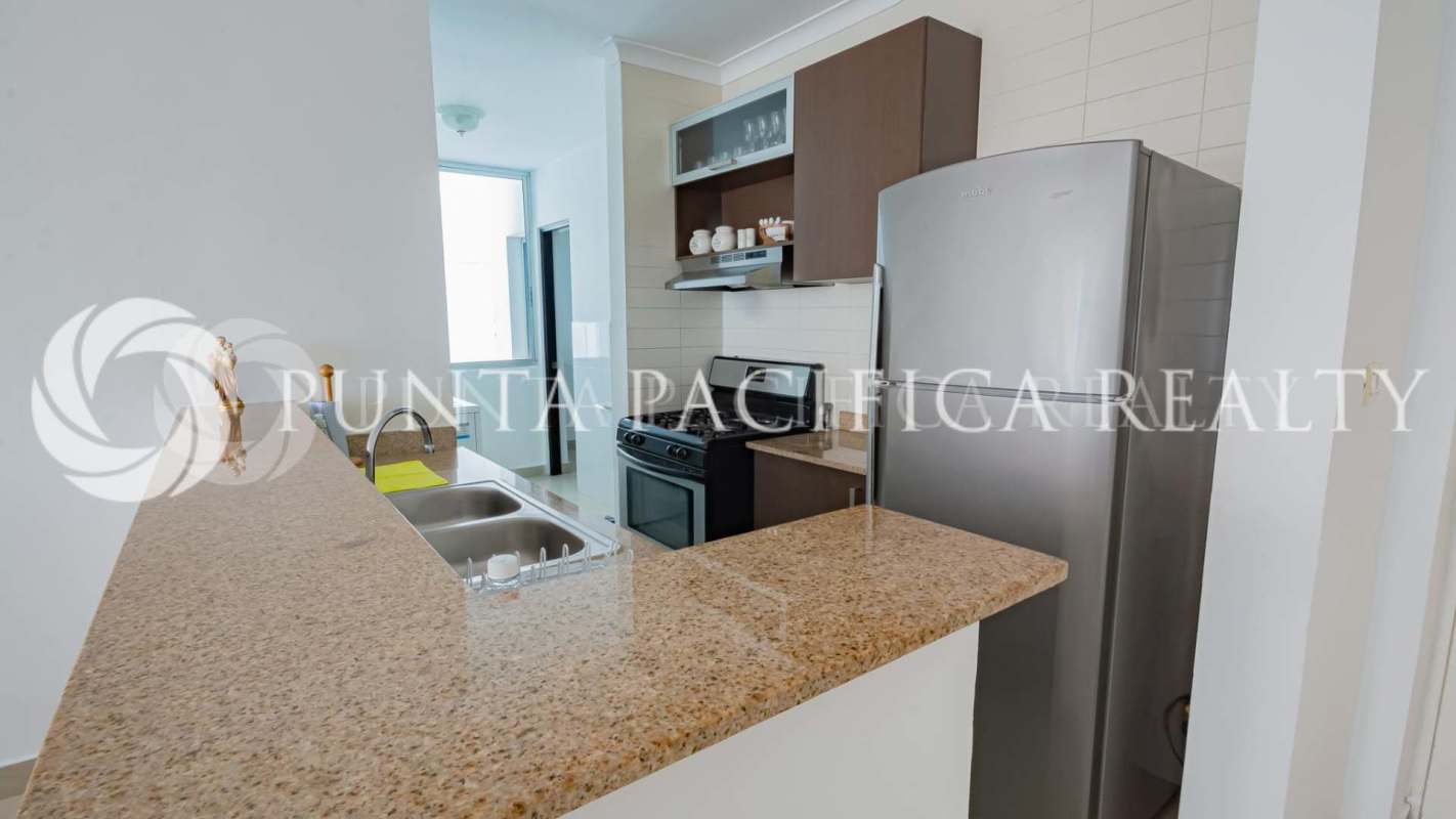 Contemporary kitchen with granite countertops, stainless steel appliances at PH Pacific Sky apartment