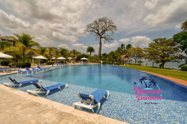 Bright open plan living dining room with large windows Bijao Garden Condominium Panama