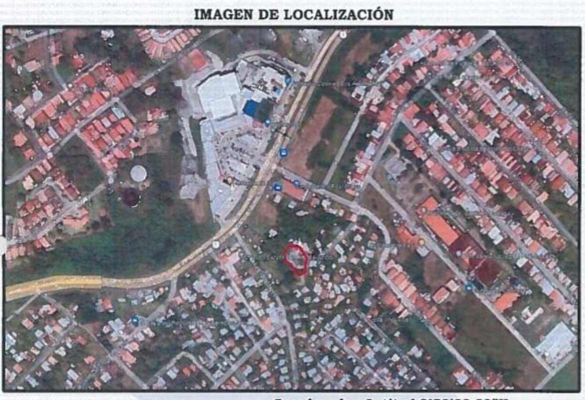 Aerial neighborhood view showing residential zone near Anclas Mall and marked property in La Chorrera, Panama