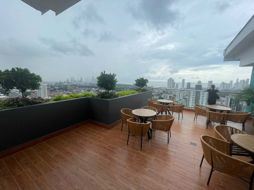 Sky view rooftop terrace lounge with panoramic city and ocean views PH Vista City Panama