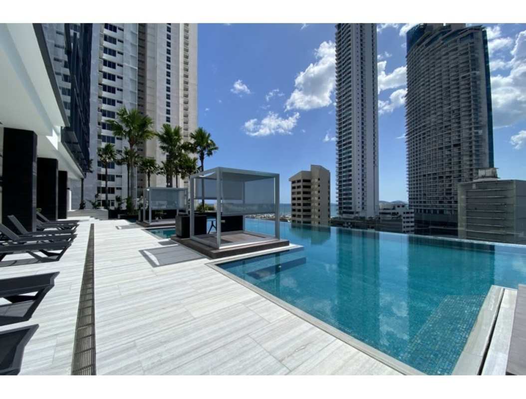 Infinity rooftop pool overlooking Panama City and ocean at Nuovo by Armani Casa