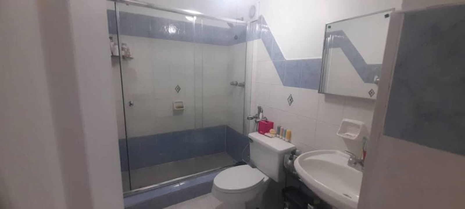 Contemporary bathroom with glass shower, blue-white tiles, sink, toilet in Parque Lefevre