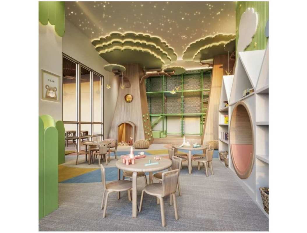 Whimsical forest-themed playroom with custom structures and starry ceiling in PH Corotú Panama