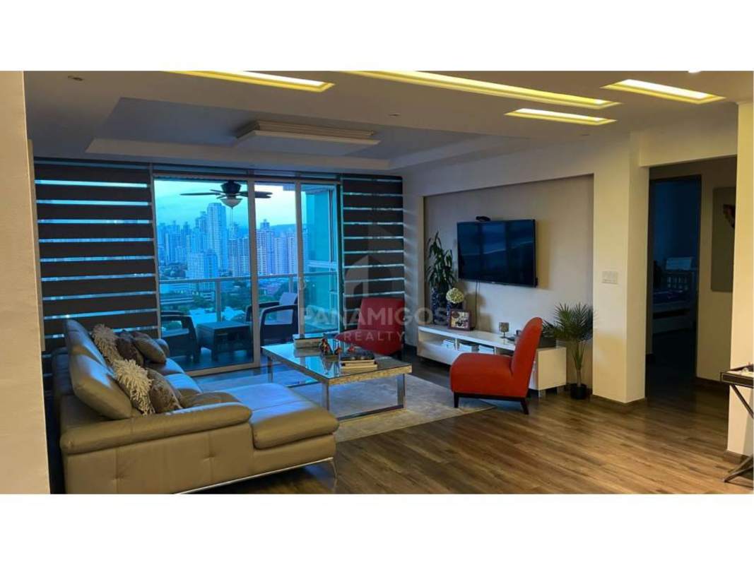 Contemporary kitchen with granite counters and city view in Mystic Point Punta Pacífica Panama