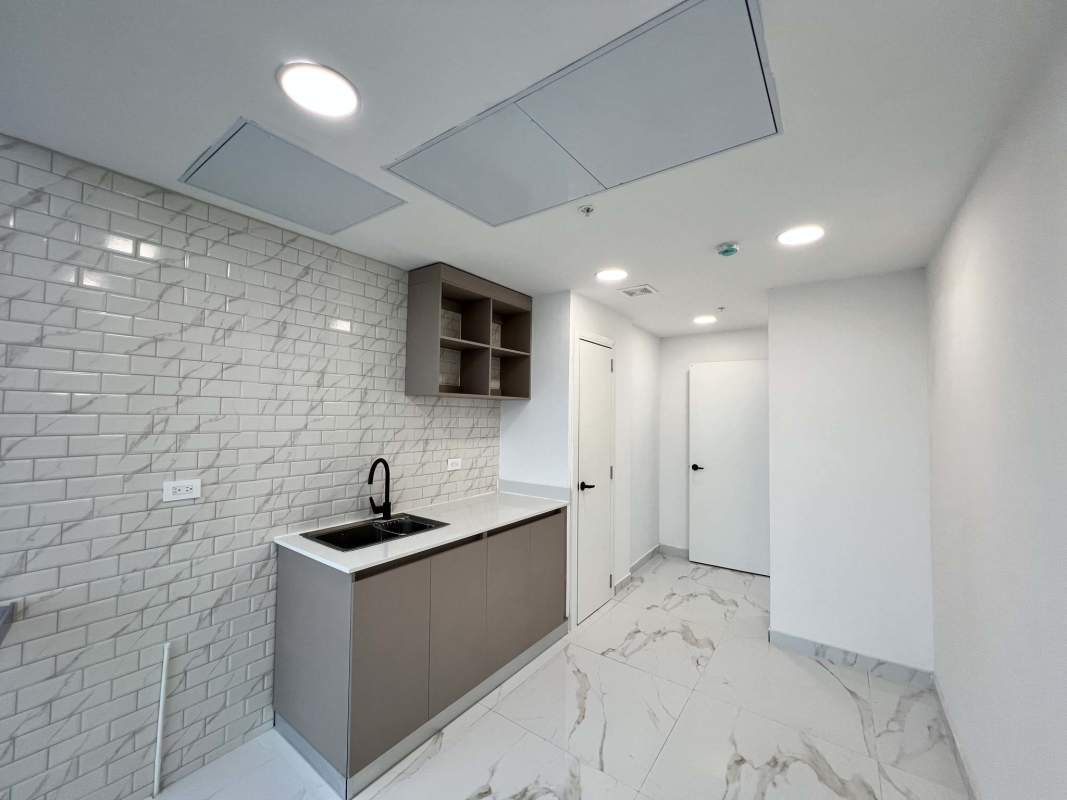 Reception lobby in modern office tower with marble floor and city views in Costa del Este Financial Park Panama