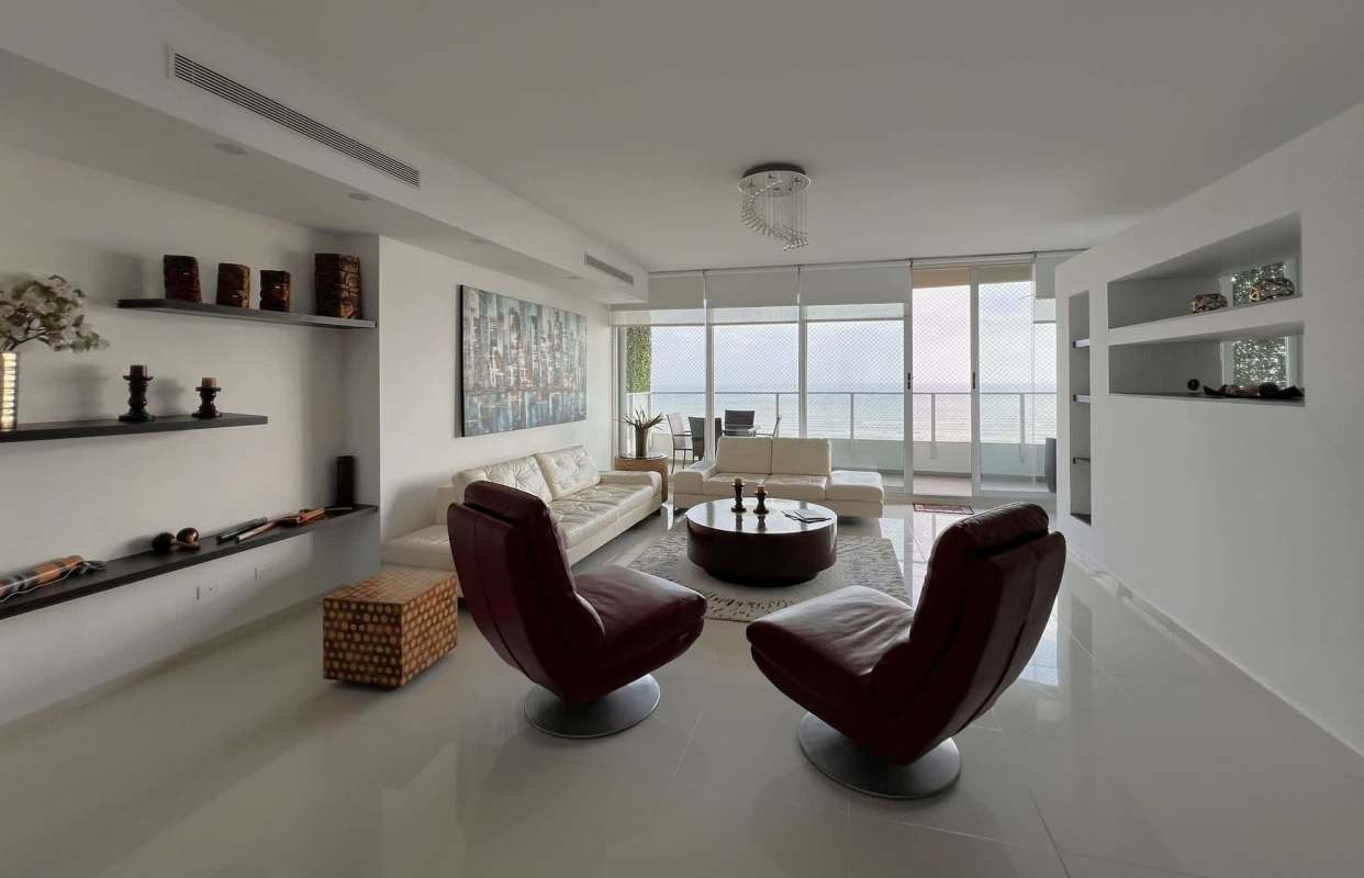 Large furnished balcony terrace perfect for relaxing with ocean and skyline views PH Altamar Panama City
